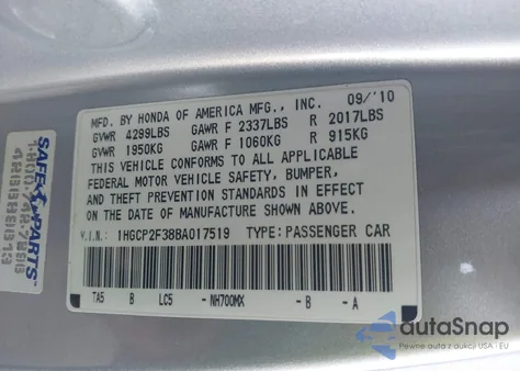 2011 Honda Accord 2.4 Lx from USA, damaged, VIN 1HGCP2F38BA017519